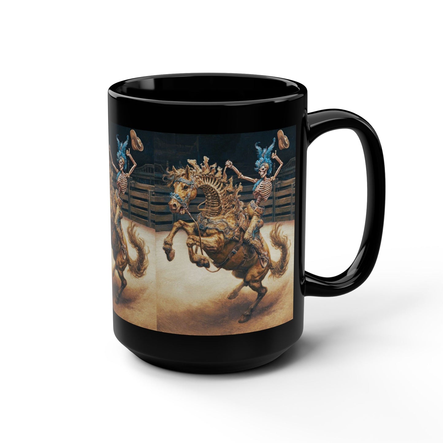 Skeleton Rodeo Bucking Horse Cowboy Mug — 15oz Black Ceramic Coffee Cup