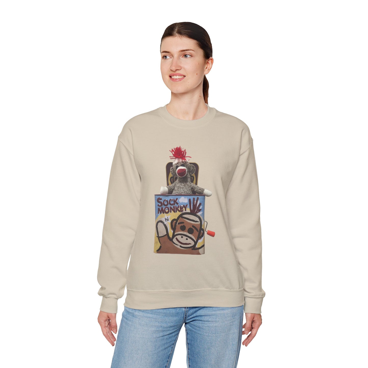 Vintage Sock Monkey Sweatshirt — Retro "Pop Goes the Weasel" Plush Design