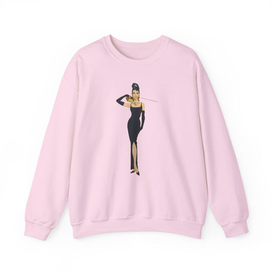 Elegant Actress Crewneck Sweatshirt — Vintage Glam Lady in Black Evening Gown