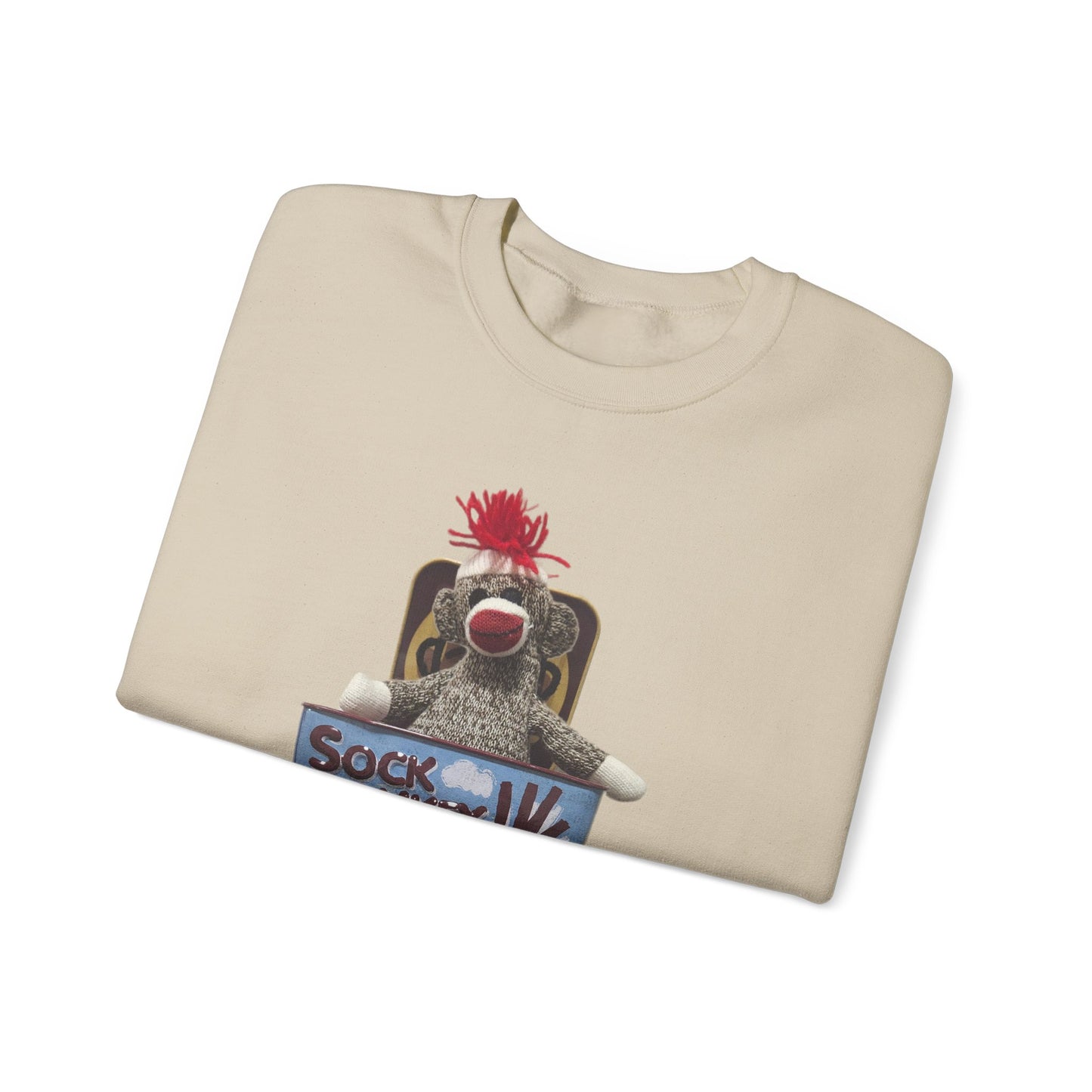 Vintage Sock Monkey Sweatshirt — Retro "Pop Goes the Weasel" Plush Design