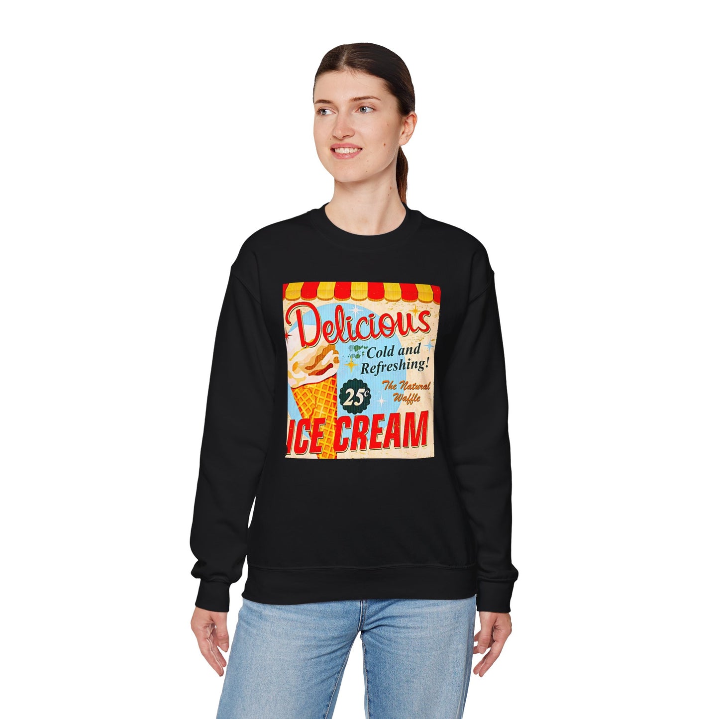 Ice Cream Vintage Sign Crewneck Sweatshirt — "Delicious Ice Cream 25" Retro Graphic