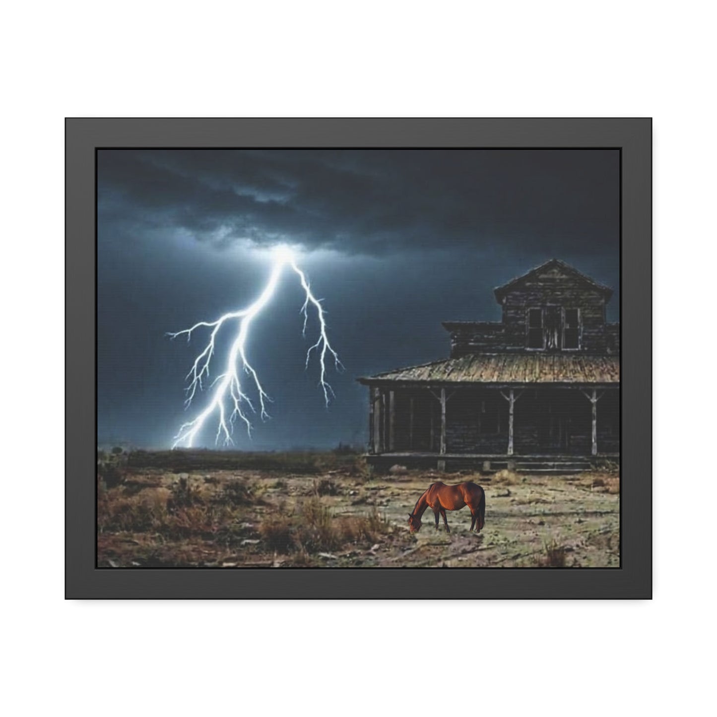 Framed Poster  Lone Horse & Abandoned House Lightning Plains