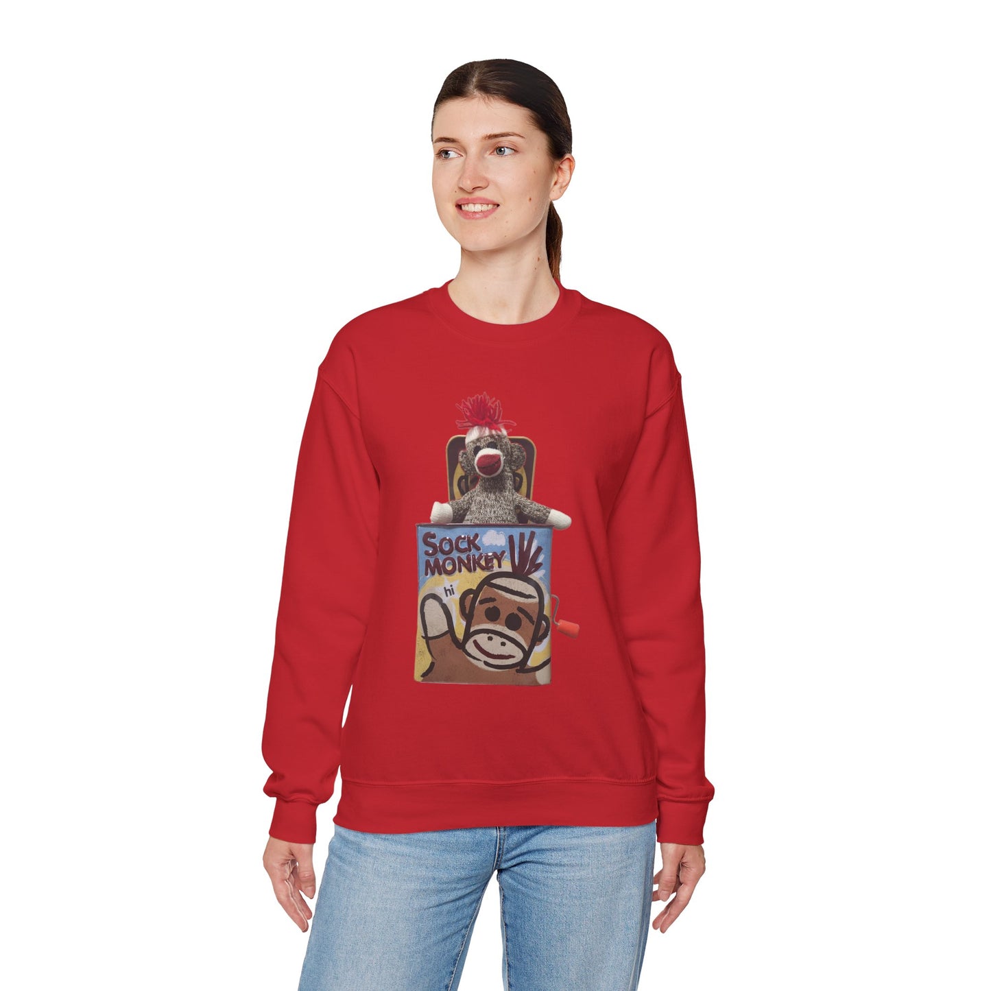 Vintage Sock Monkey Sweatshirt — Retro "Pop Goes the Weasel" Plush Design