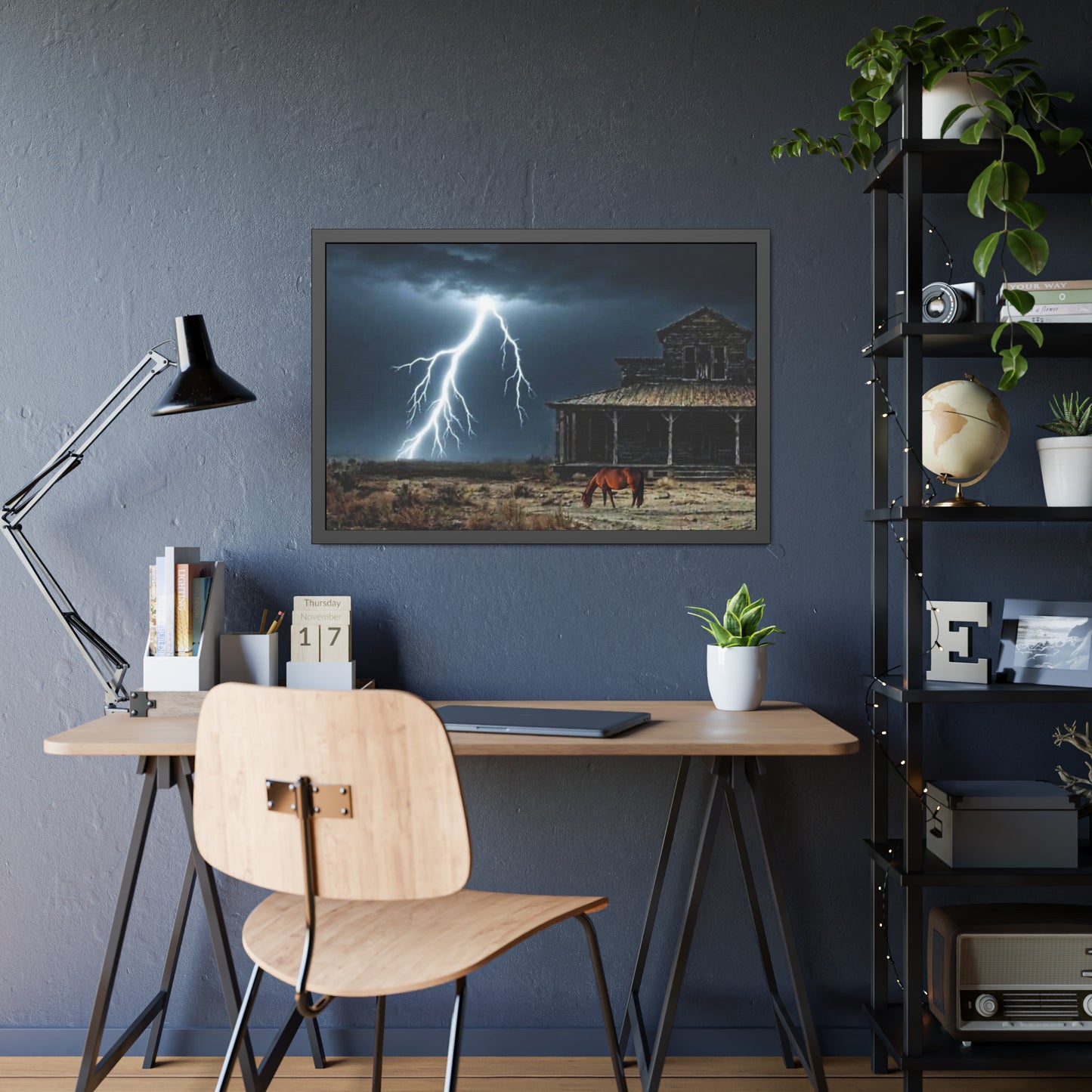 Framed Poster  Lone Horse & Abandoned House Lightning Plains