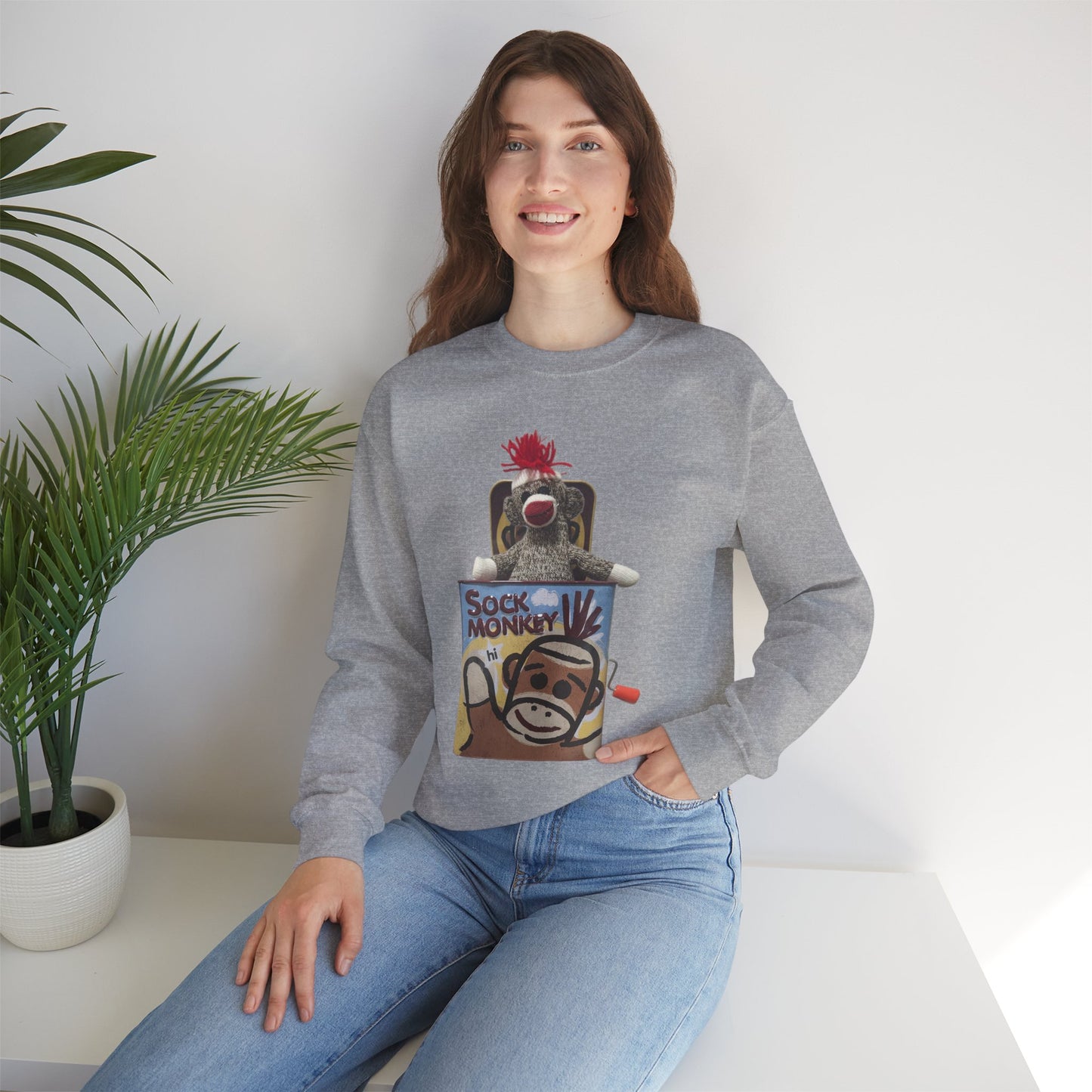 Vintage Sock Monkey Sweatshirt — Retro "Pop Goes the Weasel" Plush Design