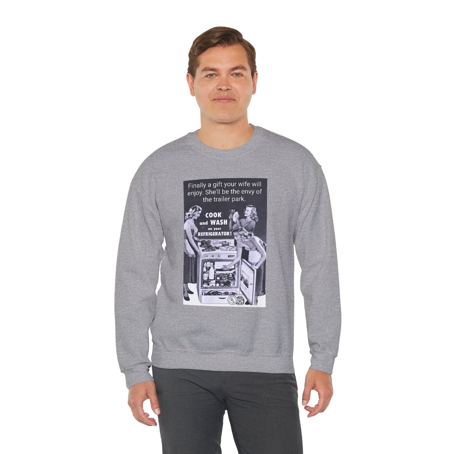 She'll be the envy of the trailer park Vintage Kitchen Ad Sweatshirt - "Cook and Wash Refrigerator" Retro Graphic Crewneck