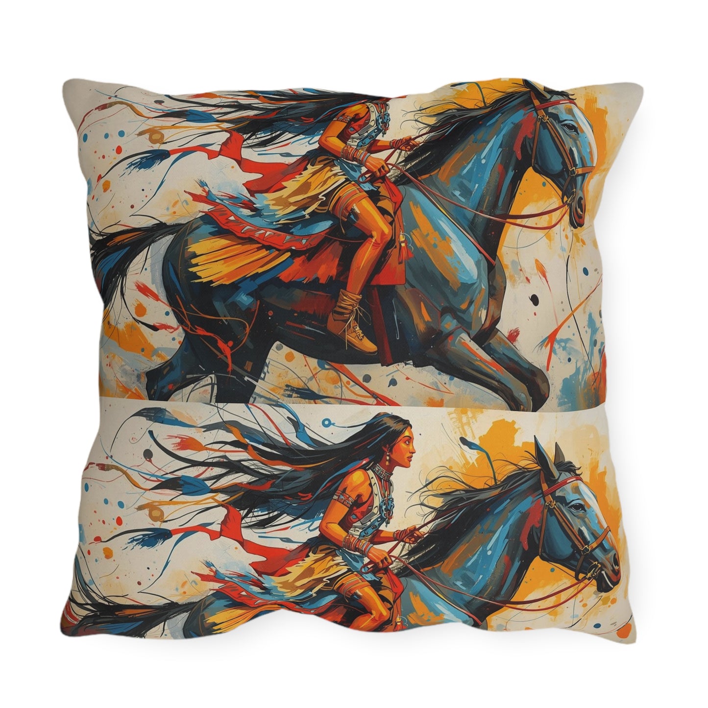 American Native Warrior Horse Outdoor Pillow — Colorful Western Accent Cushion