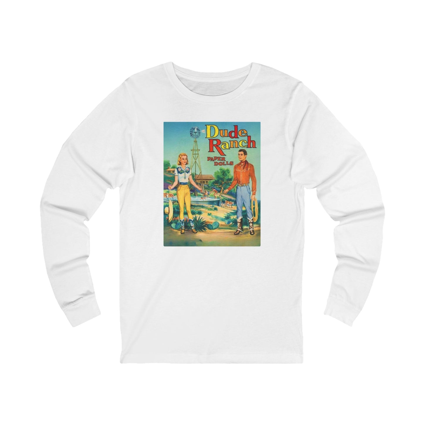 Dude Ranch Paper Doll Cut Out Vintage Western Long Sleeve Tee — Retro Cowboy Paper Doll Design