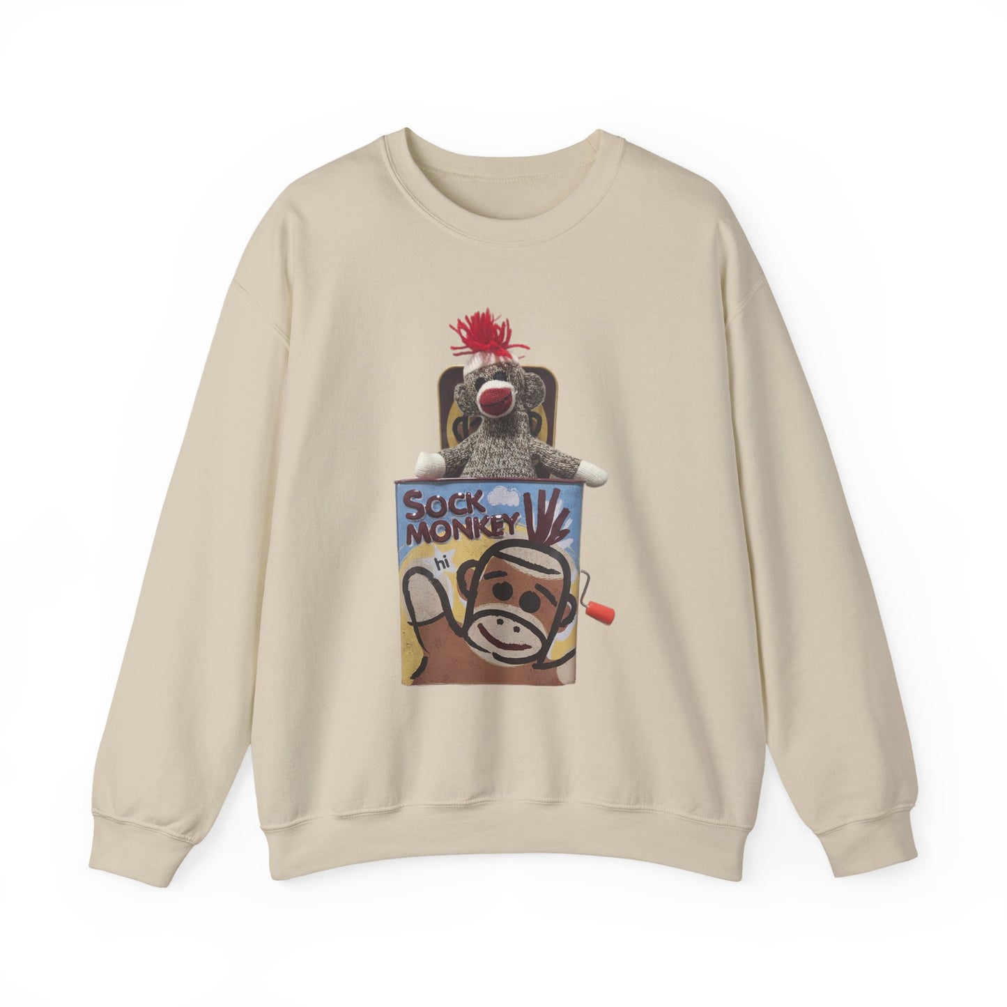 Vintage Sock Monkey Sweatshirt — Retro "Pop Goes the Weasel" Plush Design