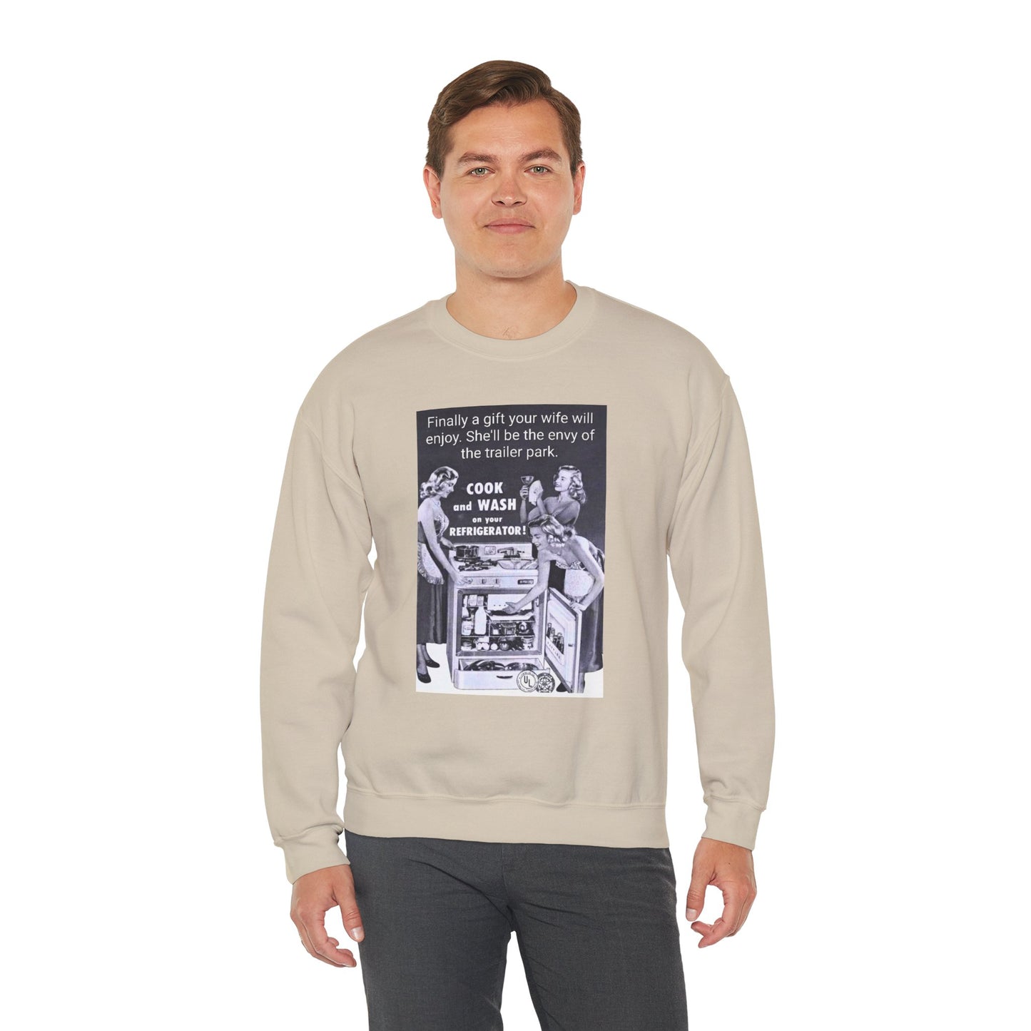 She'll be the envy of the trailer park Vintage Kitchen Ad Sweatshirt - "Cook and Wash Refrigerator" Retro Graphic Crewneck
