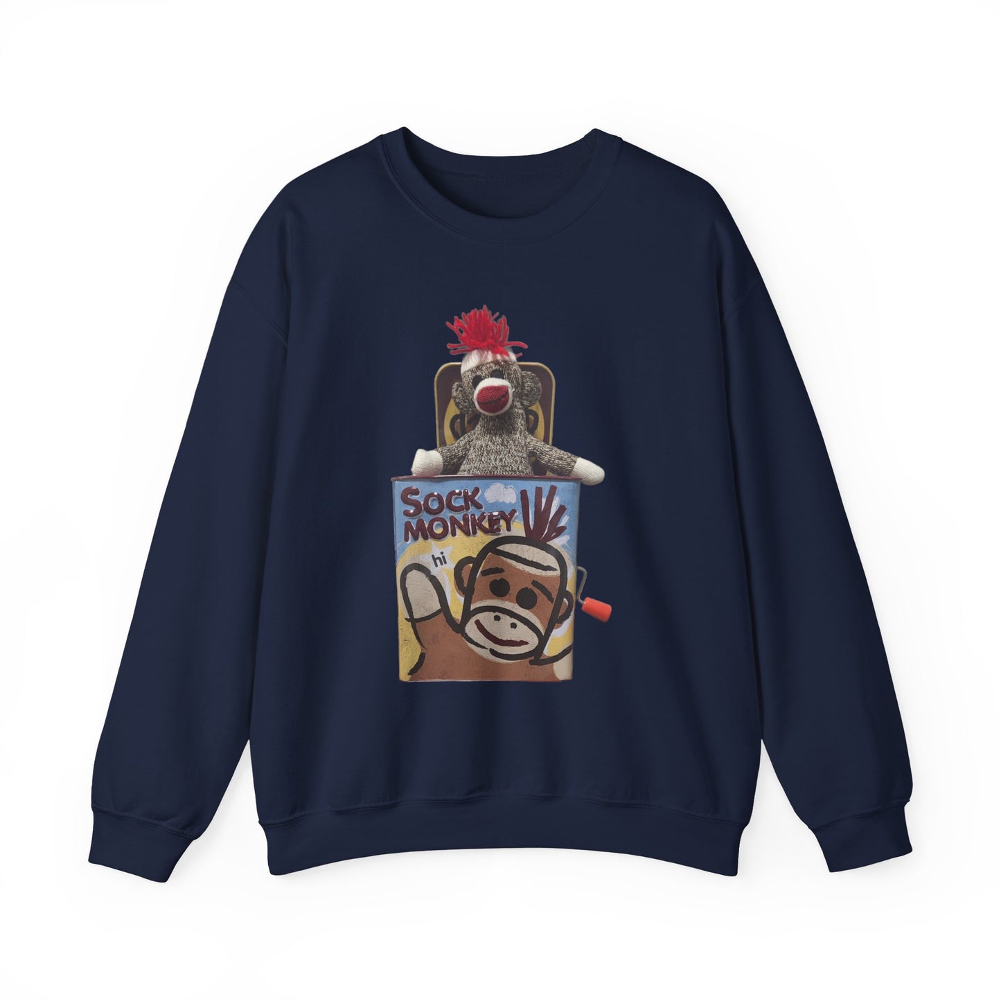 Vintage Sock Monkey Sweatshirt — Retro "Pop Goes the Weasel" Plush Design