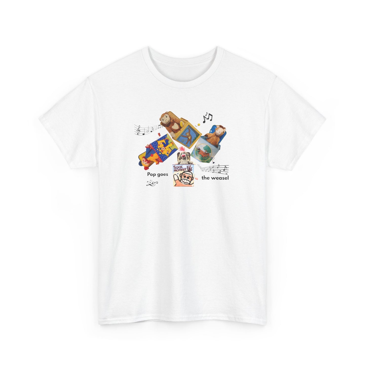 Sock Monkey Collage Tee — 'Pop Goes the Weasel' Retro Dog Music T-Shirt