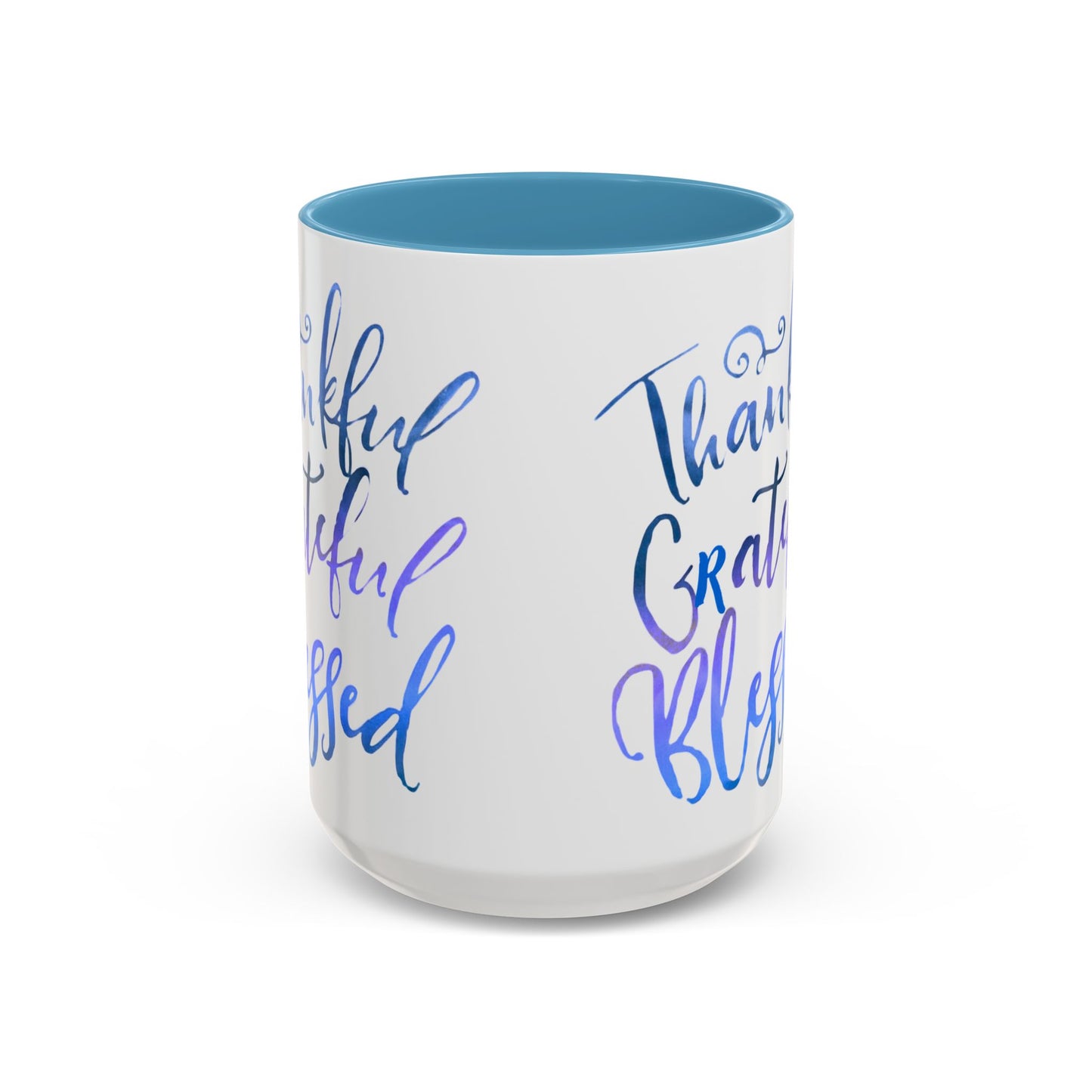 Thankful Grateful Blessed Accent Coffee Mug — Motivational message 15oz
