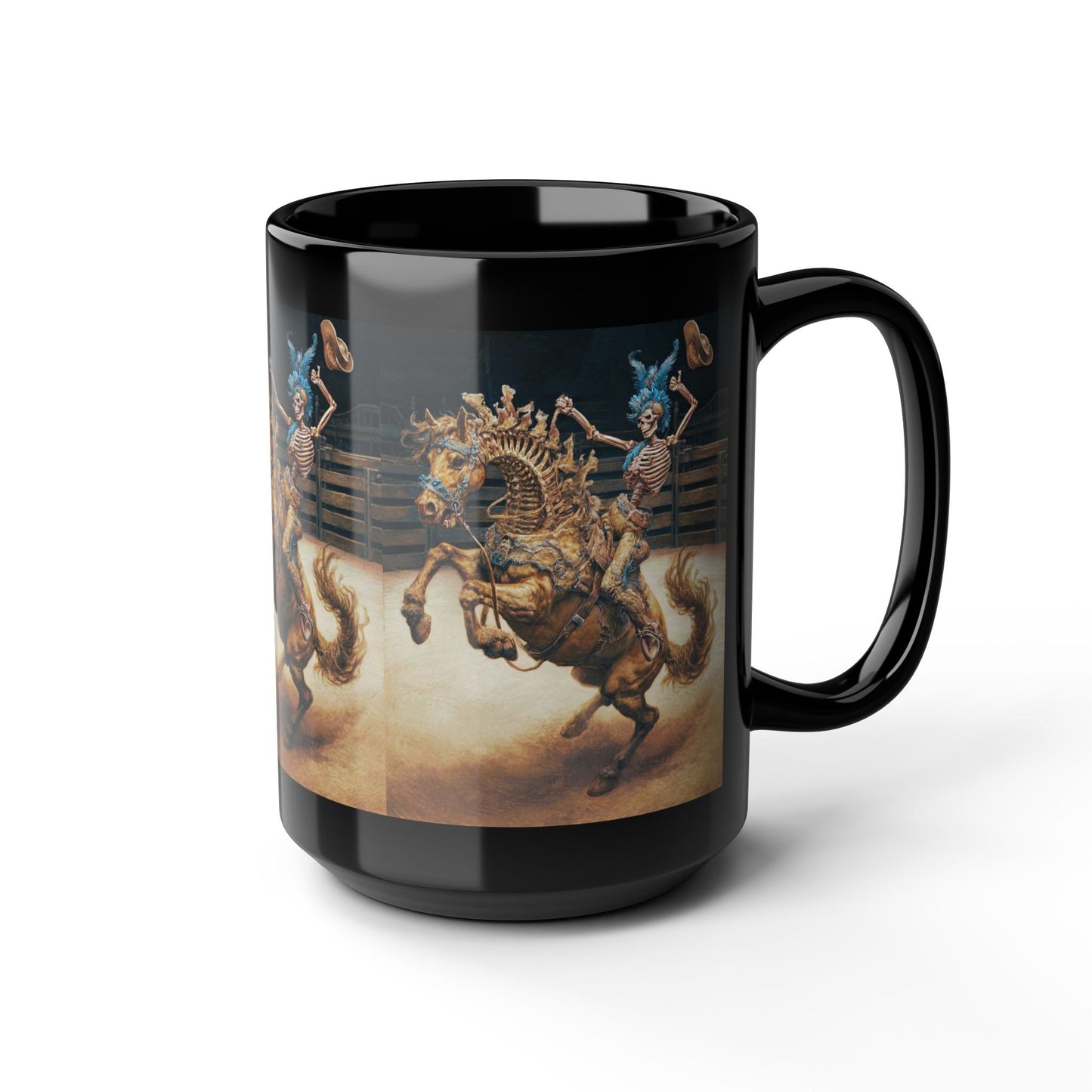 Skeleton Rodeo Bucking Horse Cowboy Mug — 15oz Black Ceramic Coffee Cup