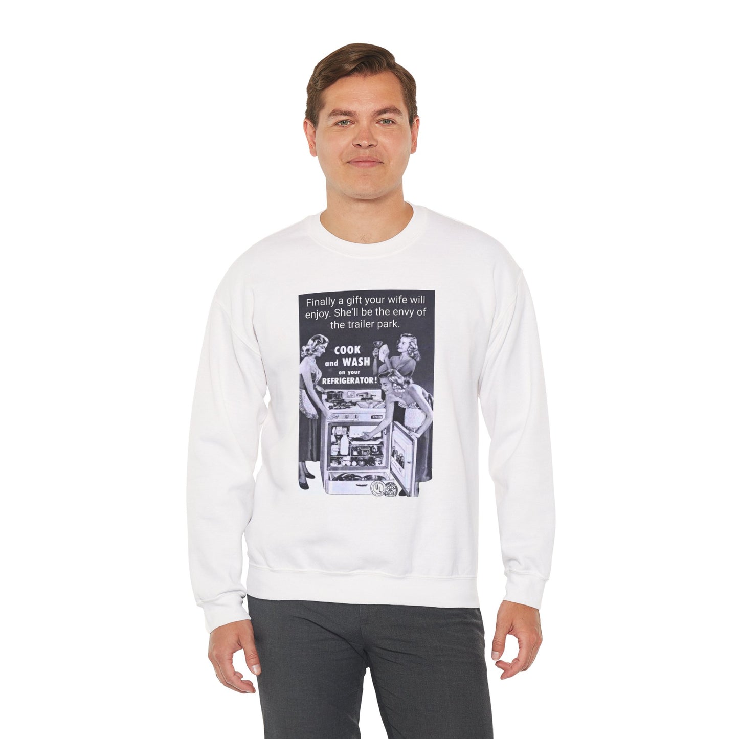 She'll be the envy of the trailer park Vintage Kitchen Ad Sweatshirt - "Cook and Wash Refrigerator" Retro Graphic Crewneck