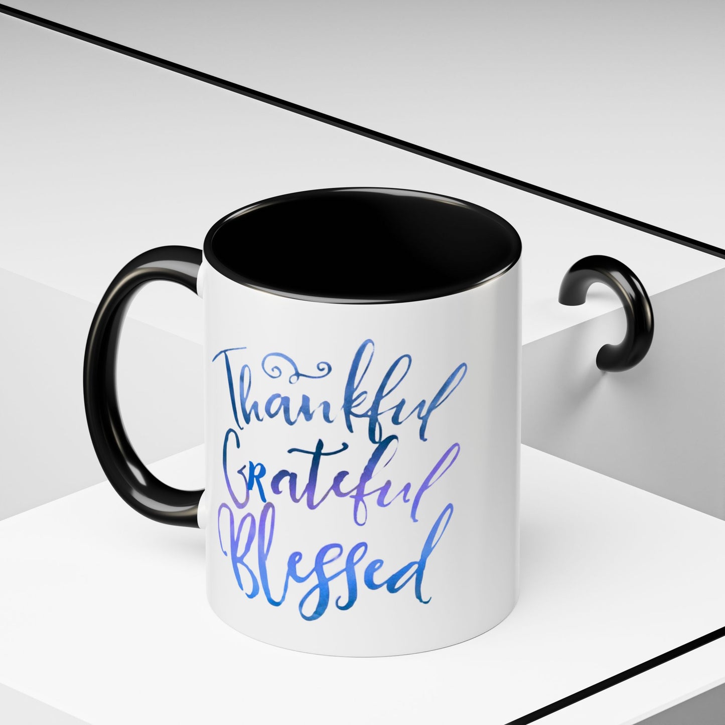 Thankful Grateful Blessed Accent Coffee Mug — Inspirational Ceramic Cup (11/15oz)