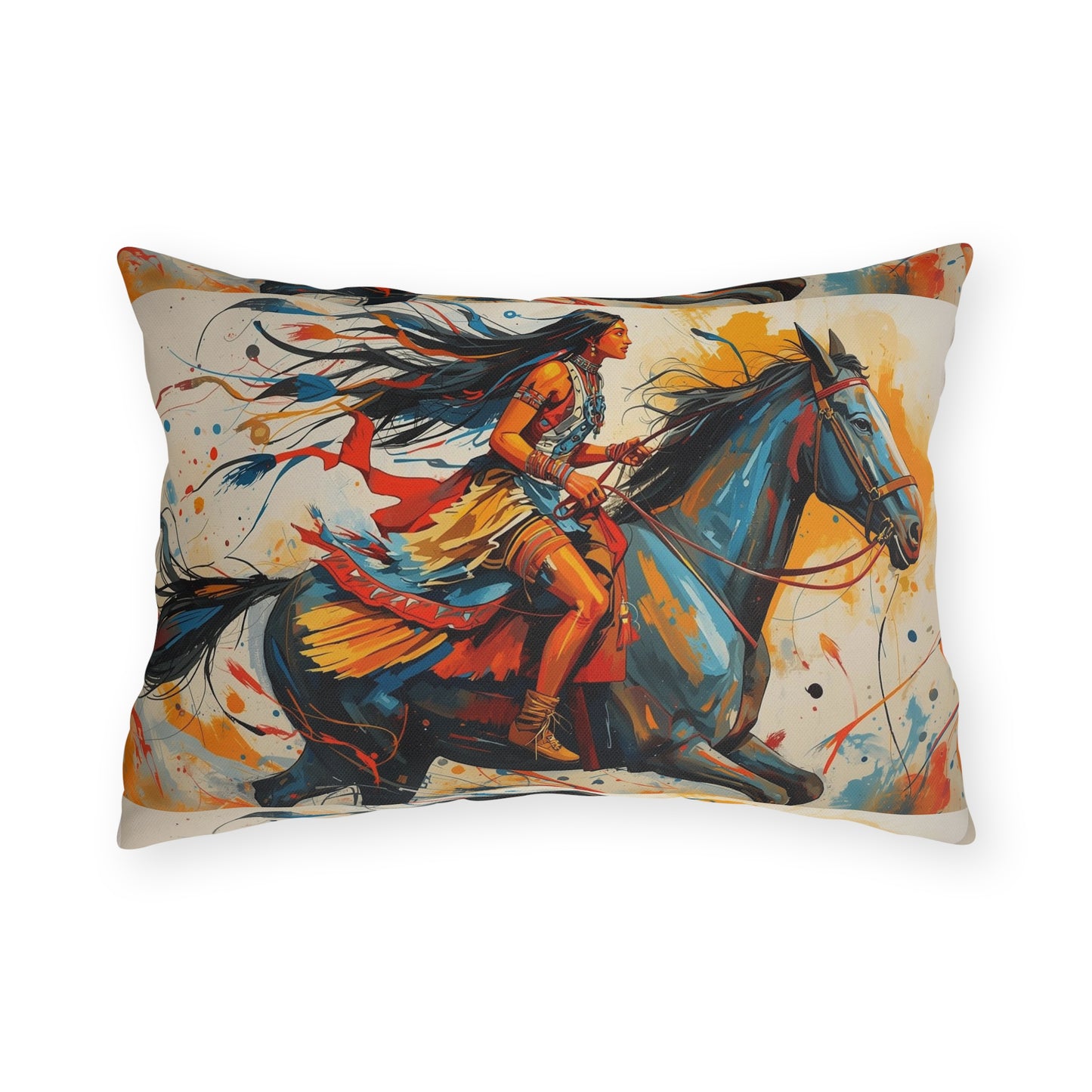 American Native Warrior Horse Outdoor Pillow — Colorful Western Accent Cushion