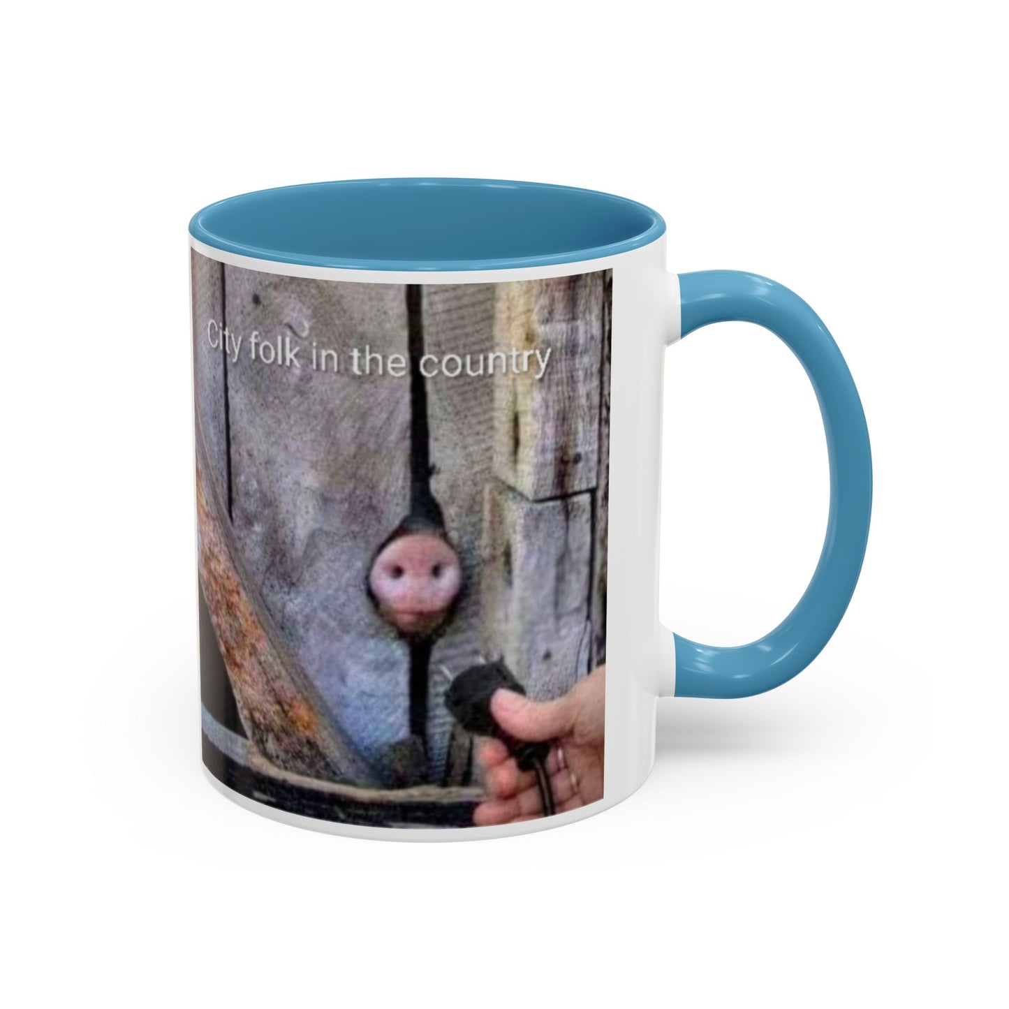Accent Coffee Mug — “City folk in the country” Rustic Wooden Door Art Mug