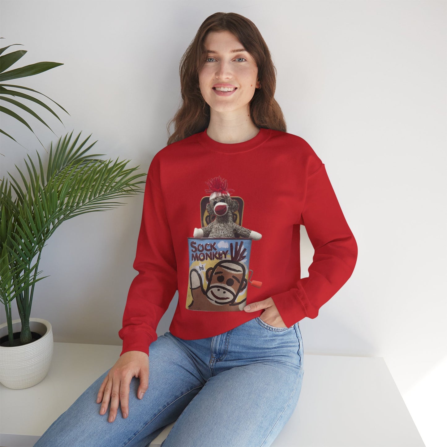 Vintage Sock Monkey Sweatshirt — Retro "Pop Goes the Weasel" Plush Design