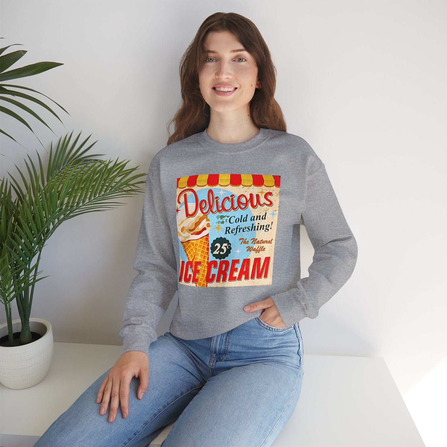 Ice Cream Vintage Sign Crewneck Sweatshirt — "Delicious Ice Cream 25" Retro Graphic
