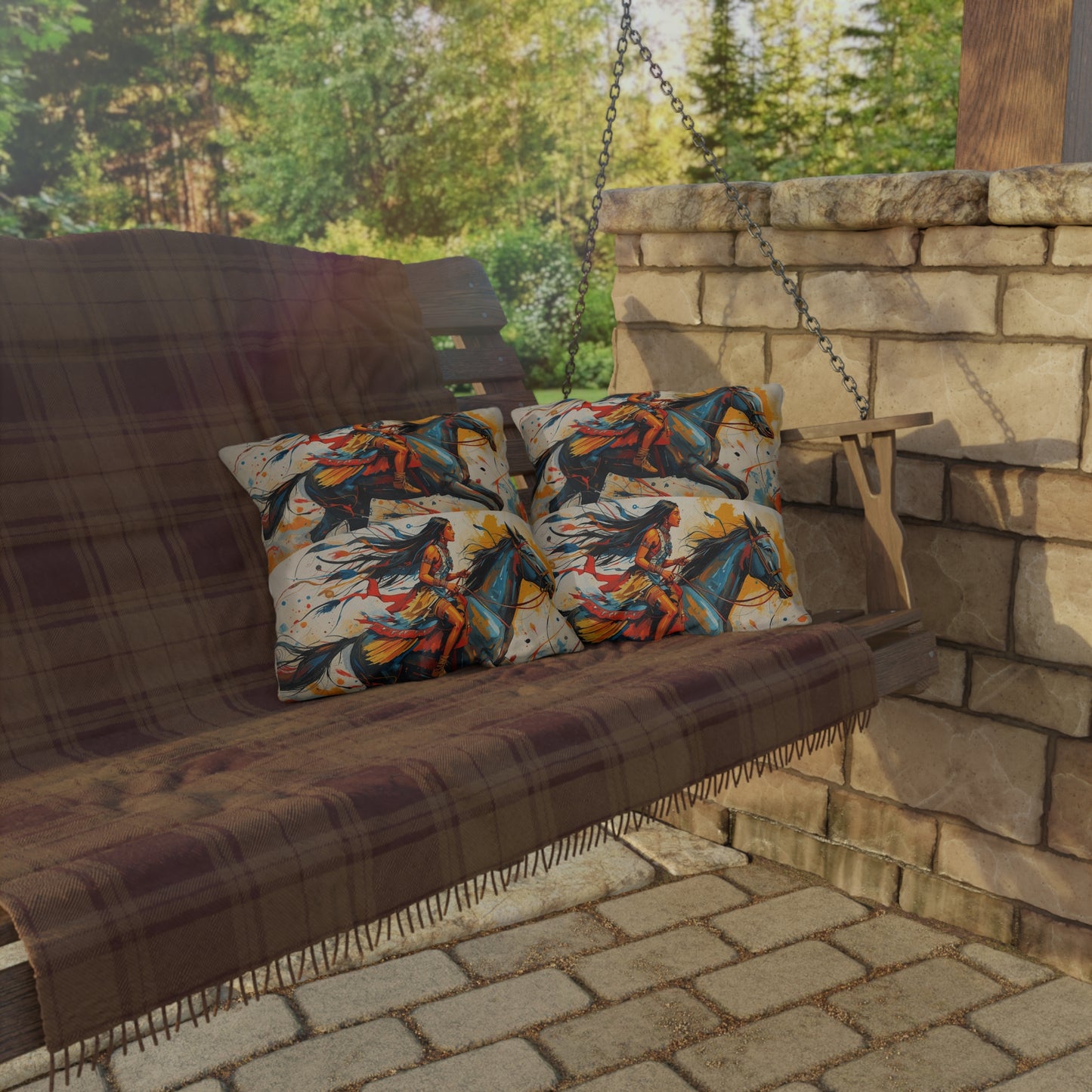 American Native Warrior Horse Outdoor Pillow — Colorful Western Accent Cushion