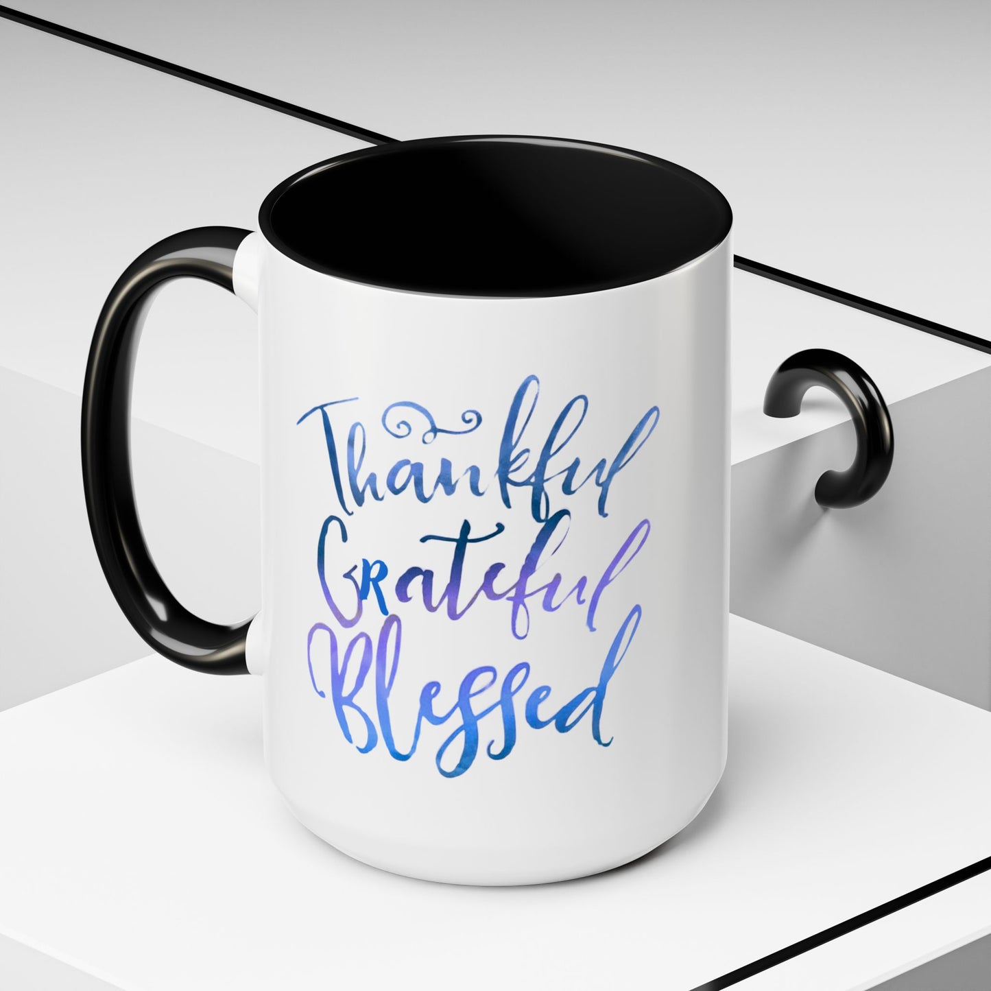 Thankful Grateful Blessed Accent Coffee Mug — Inspirational Ceramic Cup (11/15oz)