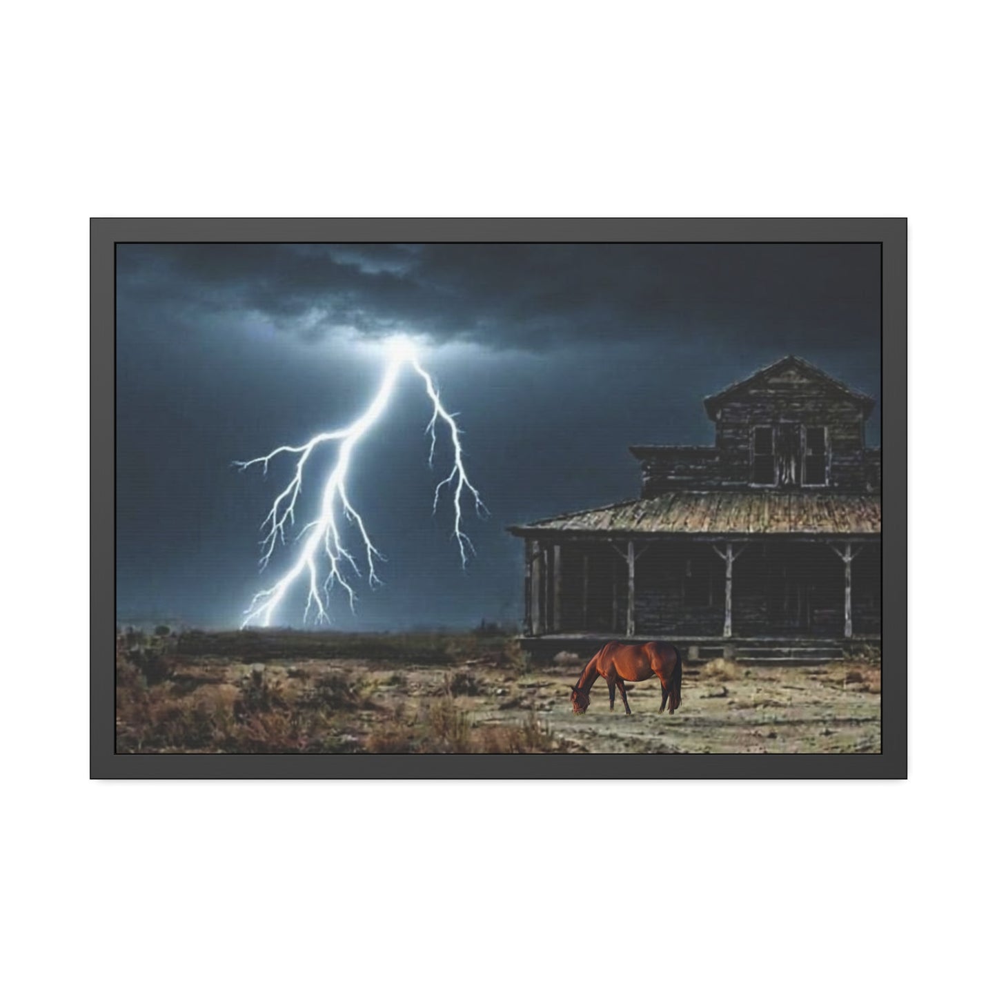 Framed Poster  Lone Horse & Abandoned House Lightning Plains