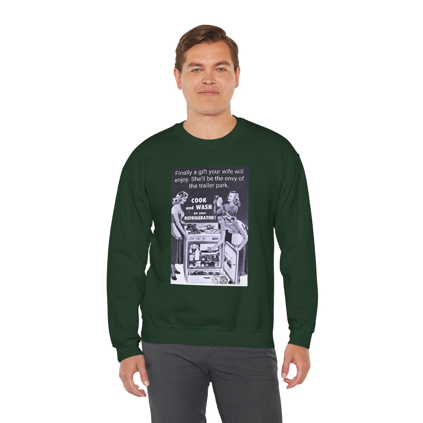 She'll be the envy of the trailer park Vintage Kitchen Ad Sweatshirt - "Cook and Wash Refrigerator" Retro Graphic Crewneck