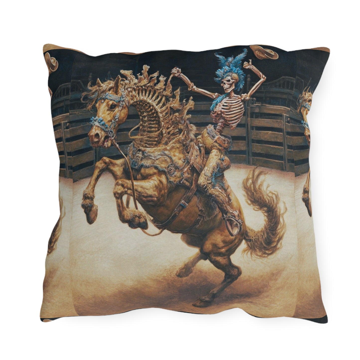 Skeleton Bucking Horse Cowboy Outdoor Pillow | Western Skull Rodeo Throw Pillow
