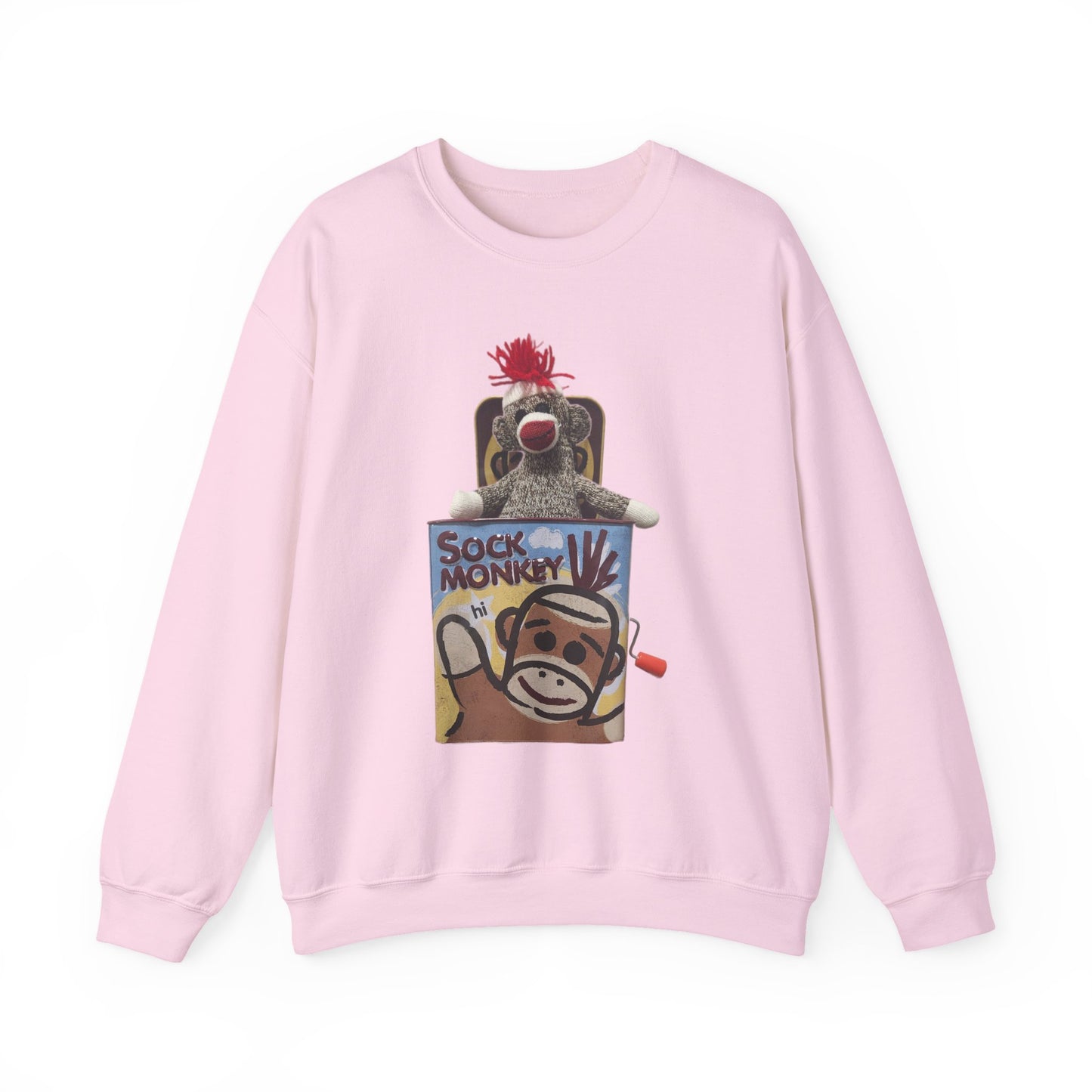 Vintage Sock Monkey Sweatshirt — Retro "Pop Goes the Weasel" Plush Design