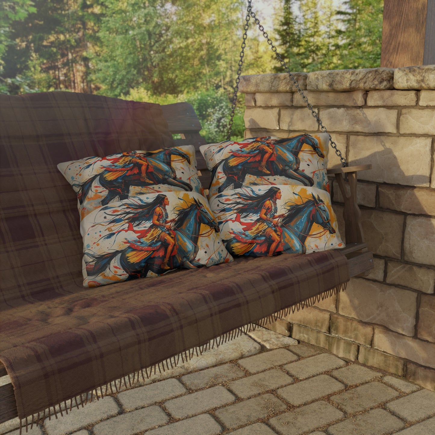 American Native Warrior Horse Outdoor Pillow — Colorful Western Accent Cushion