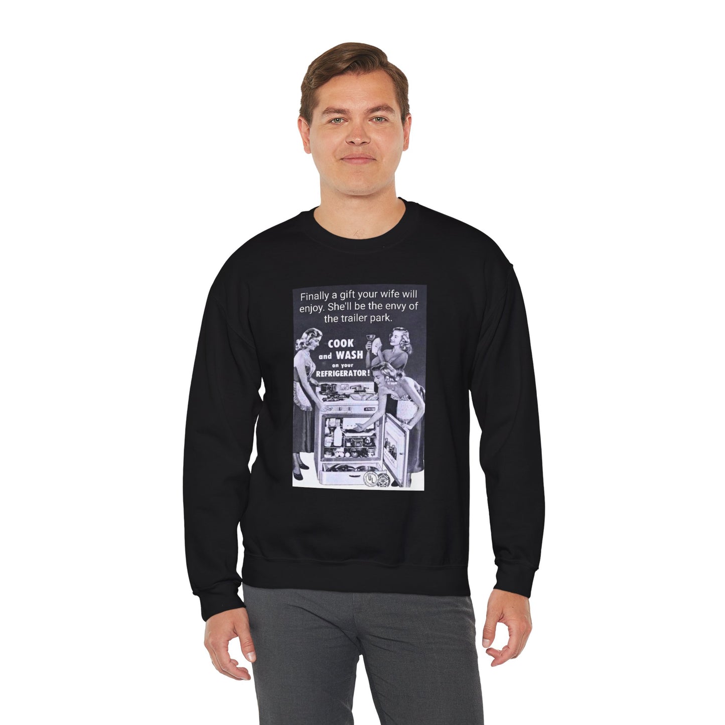 She'll be the envy of the trailer park Vintage Kitchen Ad Sweatshirt - "Cook and Wash Refrigerator" Retro Graphic Crewneck