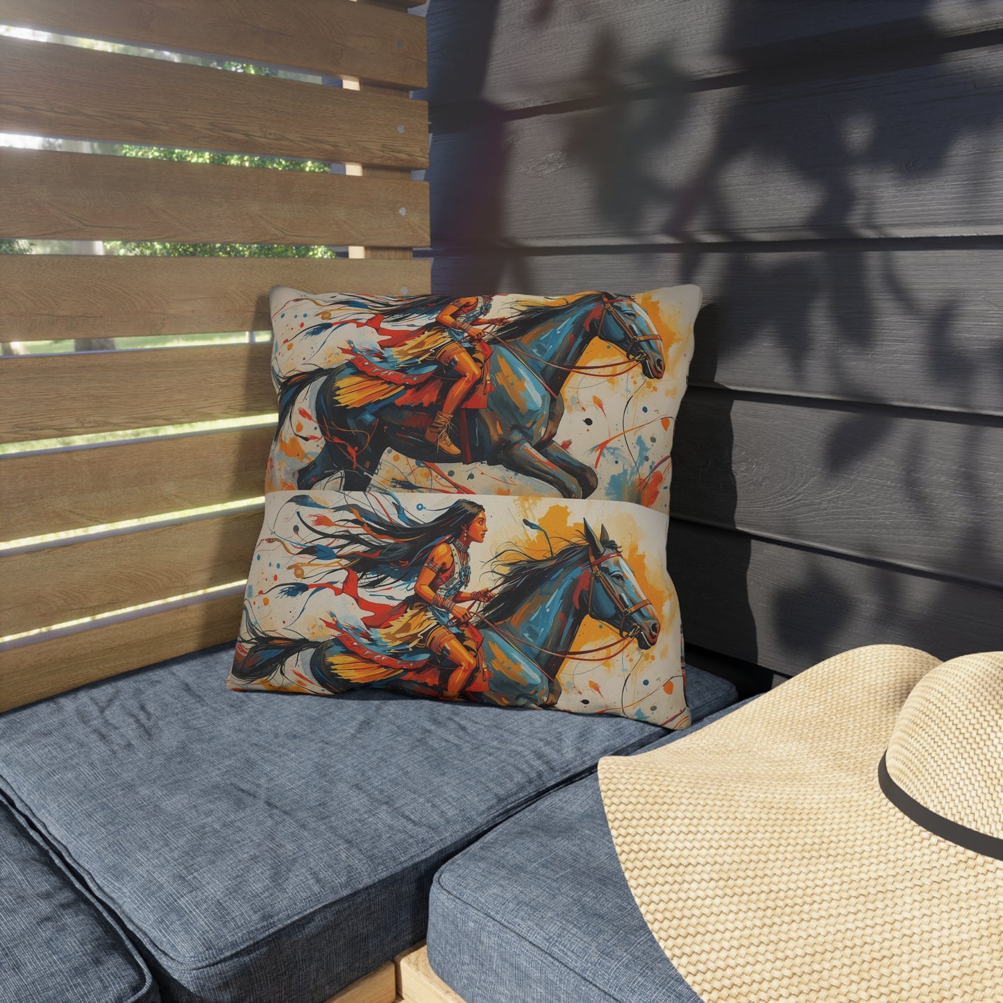 American Native Warrior Horse Outdoor Pillow — Colorful Western Accent Cushion