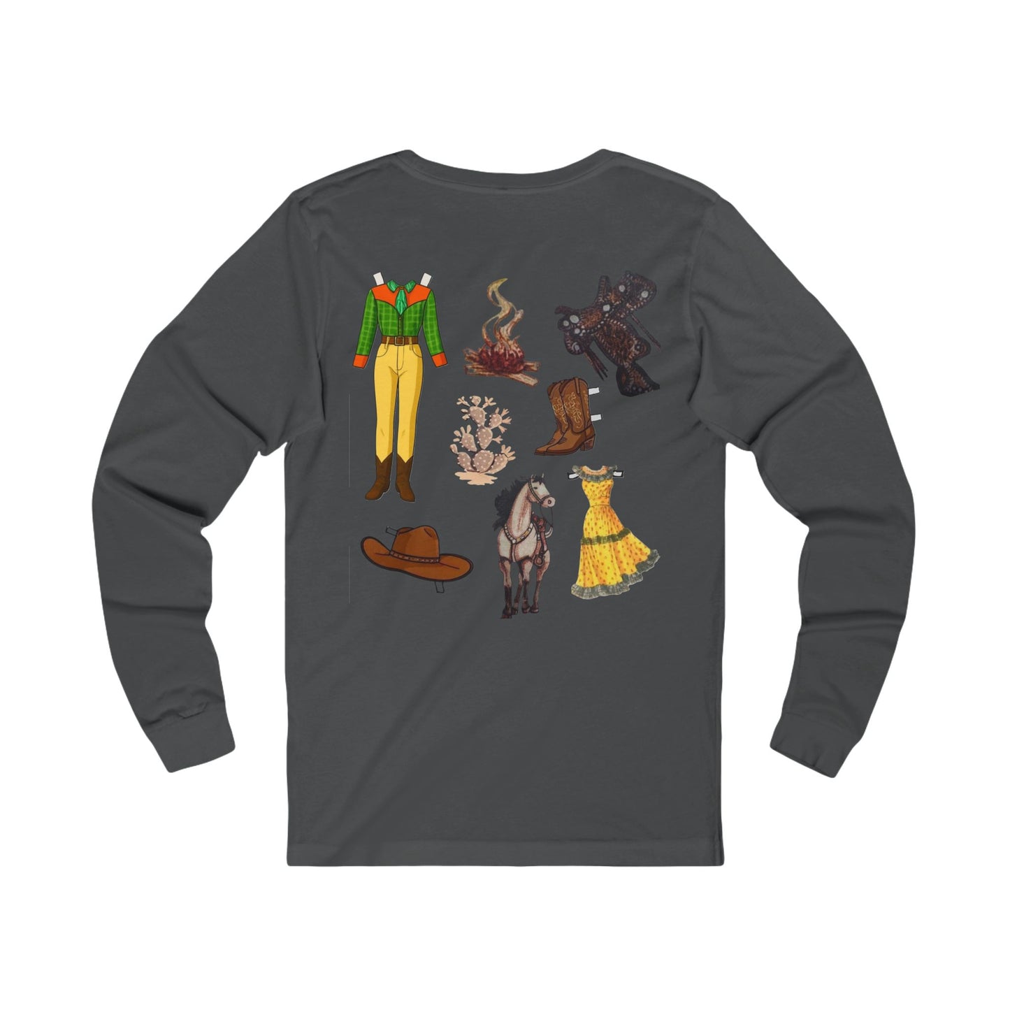 Dude Ranch Paper Doll Cut Out Vintage Western Long Sleeve Tee — Retro Cowboy Paper Doll Design