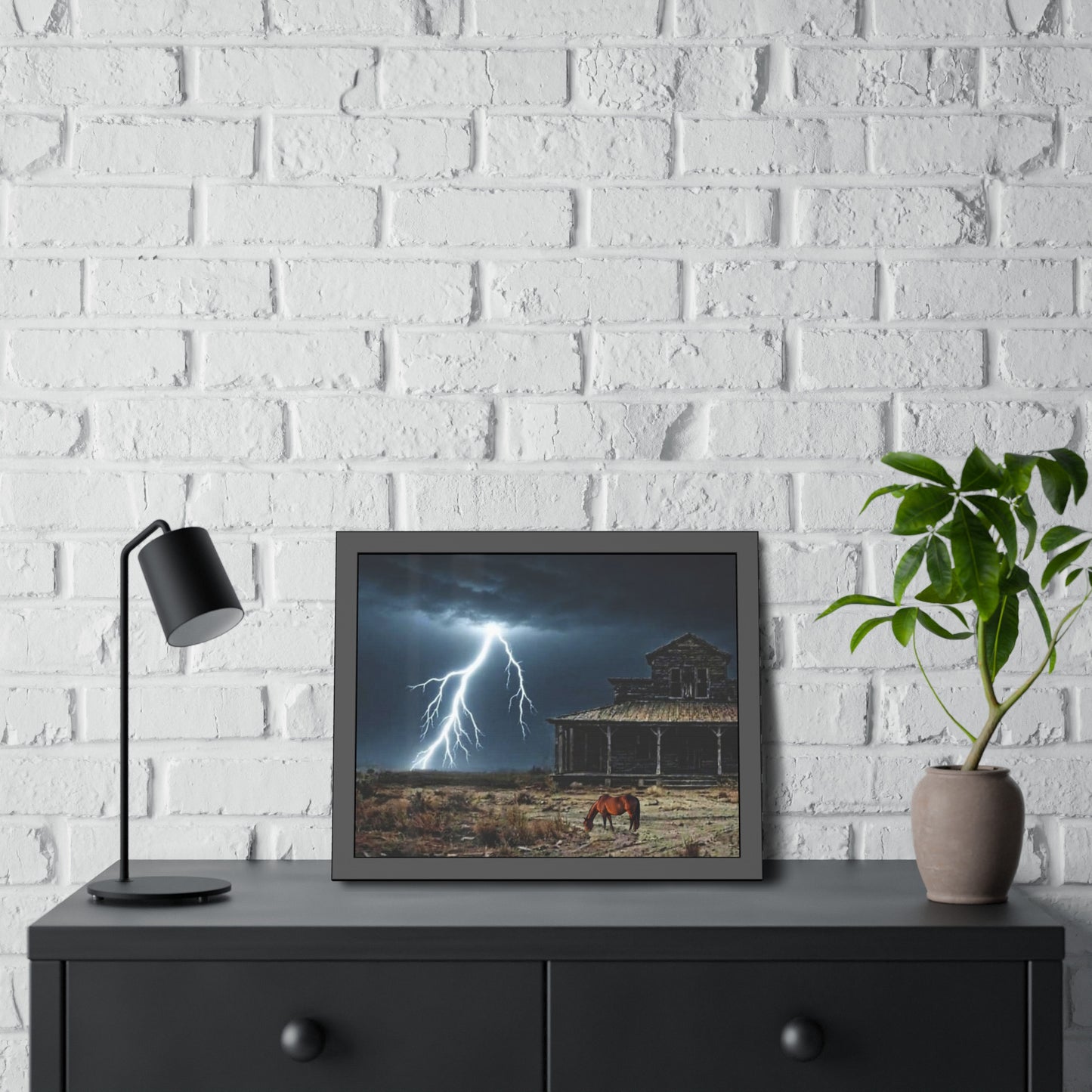 Framed Poster  Lone Horse & Abandoned House Lightning Plains