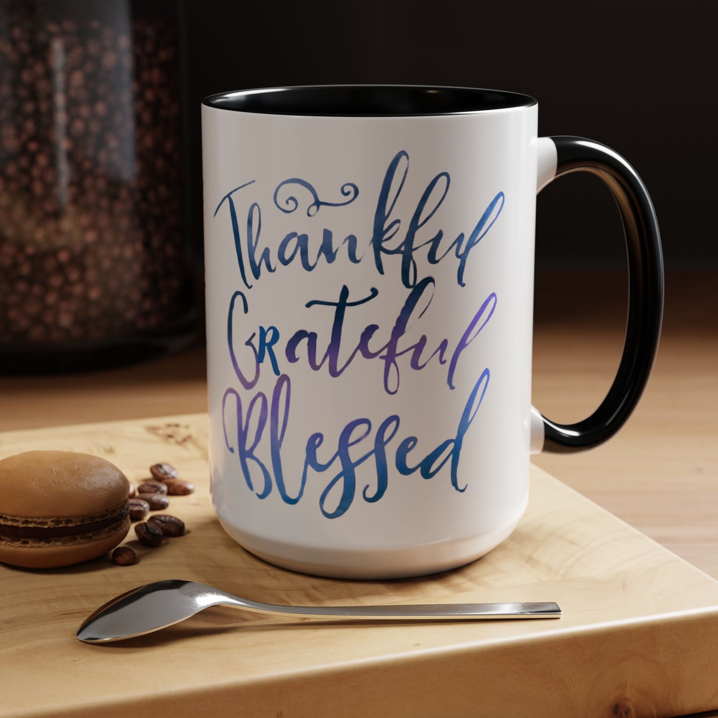 Thankful Grateful Blessed Accent Coffee Mug — Motivational message 15oz