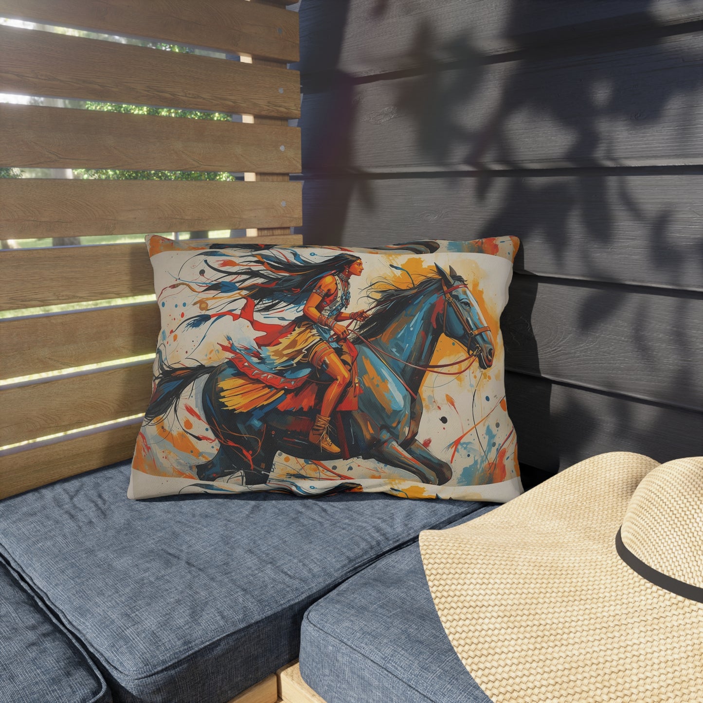 American Native Warrior Horse Outdoor Pillow — Colorful Western Accent Cushion