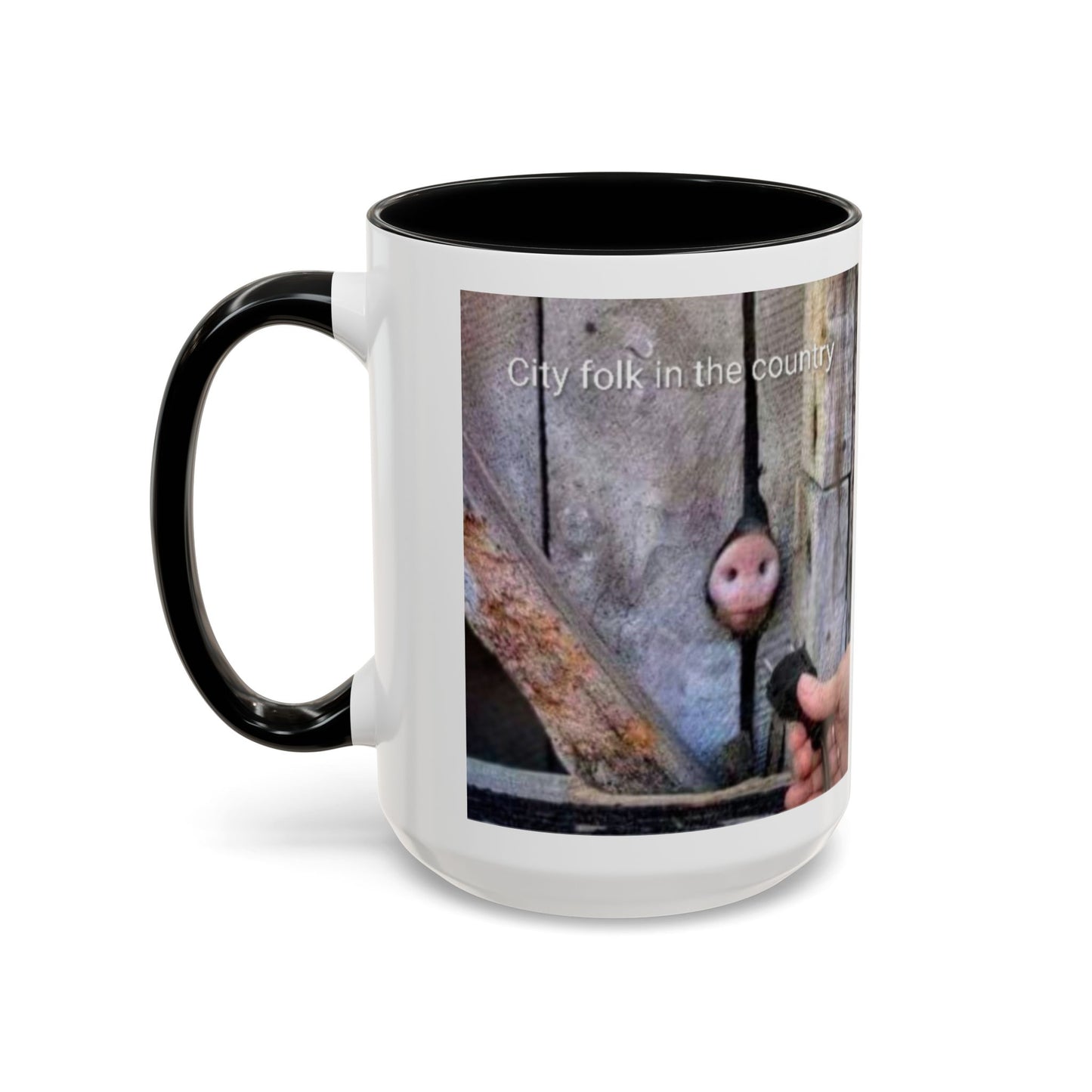 Accent Coffee Mug — “City folk in the country” Rustic Wooden Door Art Mug