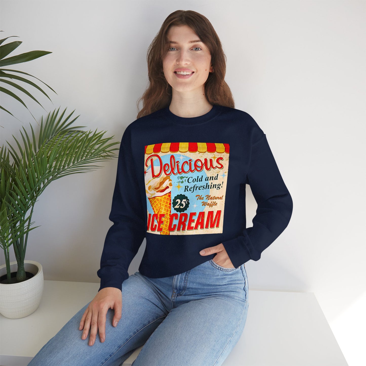 Ice Cream Vintage Sign Crewneck Sweatshirt — "Delicious Ice Cream 25" Retro Graphic