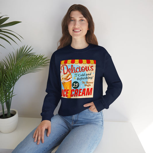 25 cents Ice Cold Ice Cream Vintage Sign Crewneck Sweatshirt — "Delicious Ice Cream 25" Retro Graphic