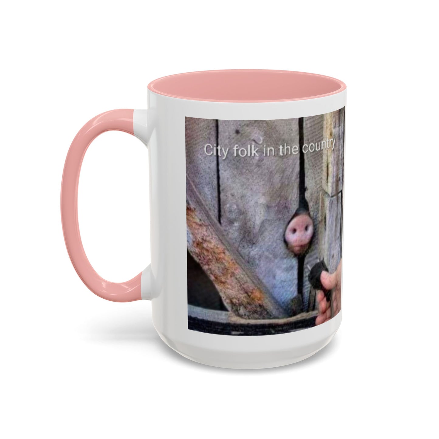 Accent Coffee Mug — “City folk in the country” Rustic Wooden Door Art Mug