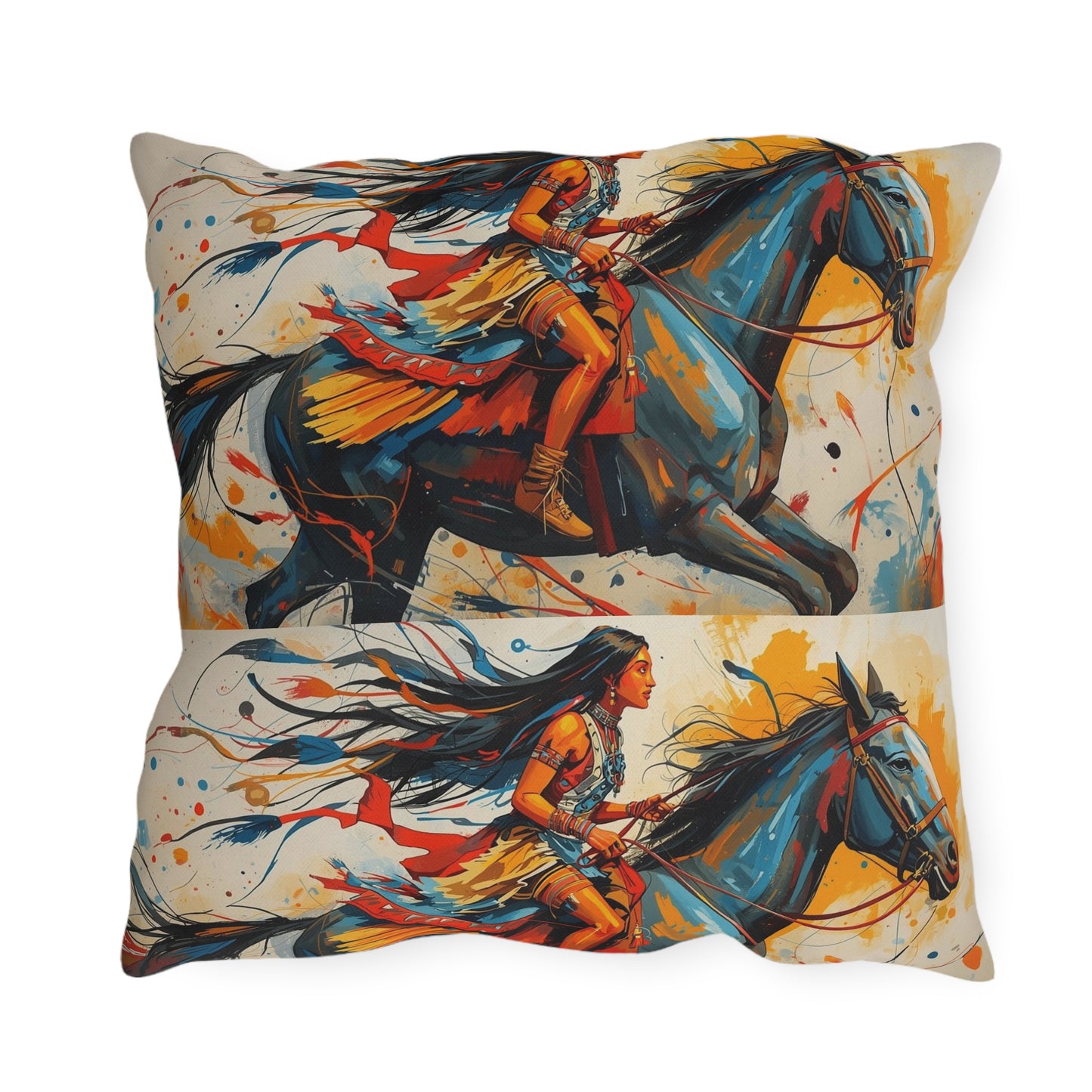 American Native Warrior Horse Outdoor Pillow — Colorful Western Accent Cushion