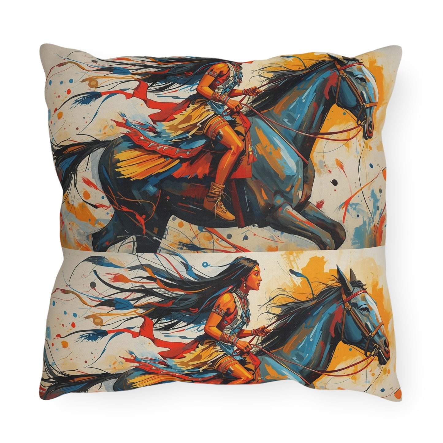 American Native Warrior Horse Outdoor Pillow — Colorful Western Accent Cushion