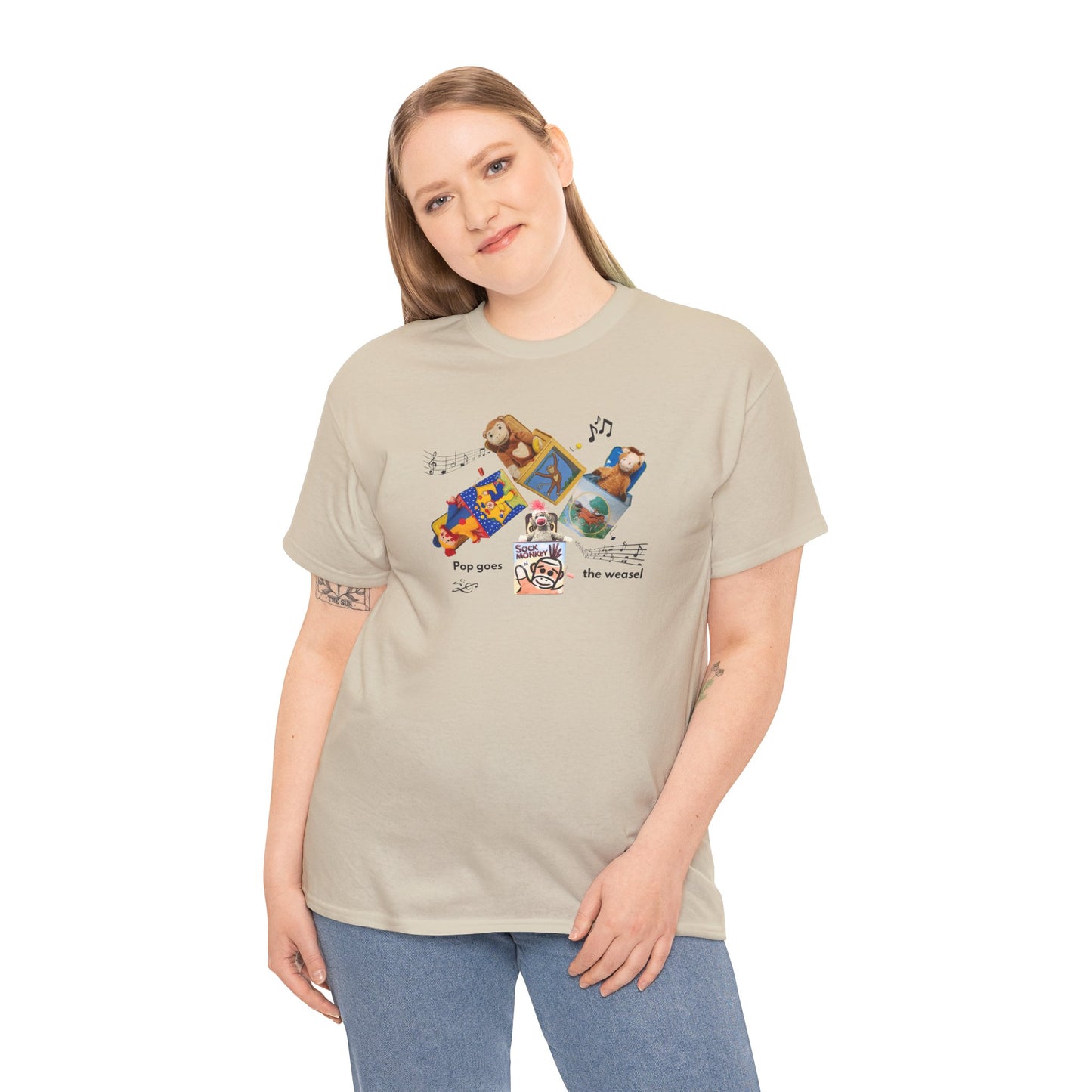 Sock Monkey Collage Tee — 'Pop Goes the Weasel' Retro Dog Music T-Shirt