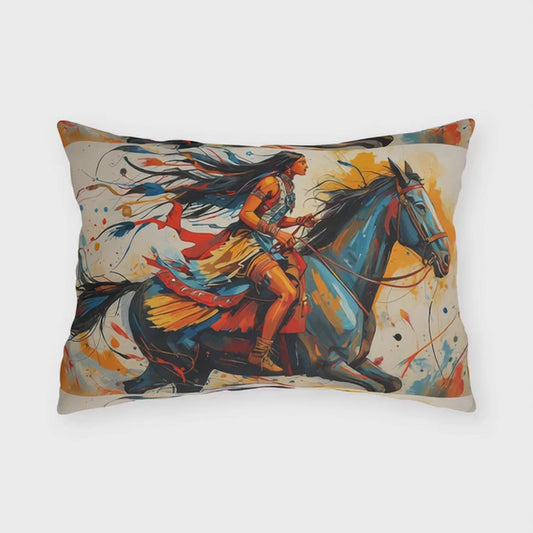 American Native Warrior Horse Outdoor Pillow — Colorful Western Accent Cushion