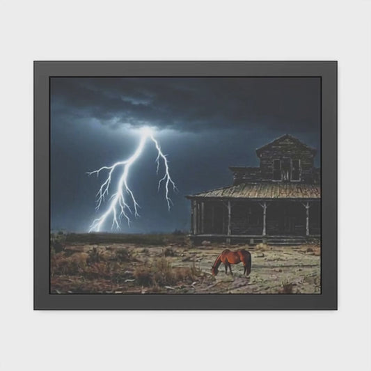 Framed Poster  Lone Horse & Abandoned House Lightning Plains