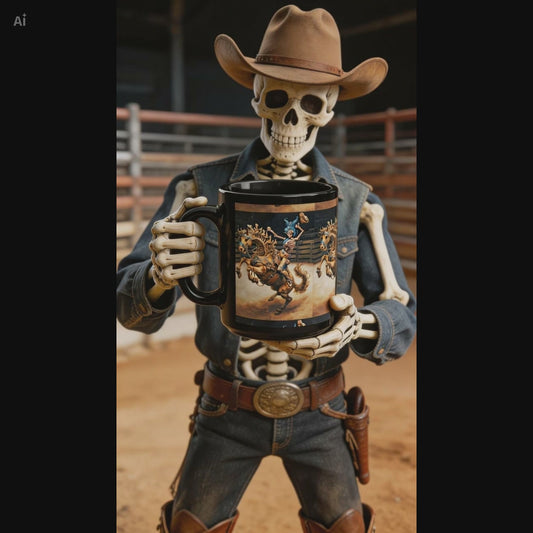 Skeleton Rodeo Bucking Horse Cowboy Mug — 15oz Black Ceramic Coffee Cup