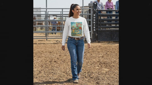 Dude Ranch Paper Doll Cut Out Vintage Western Long Sleeve Tee — Retro Cowboy Paper Doll Design